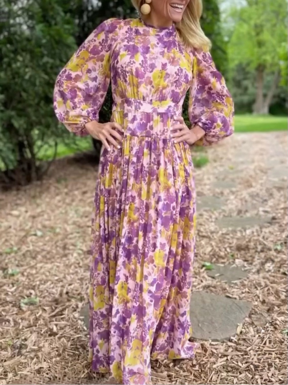 LDT Long Sleeve Floral Maxi Dress in Pink